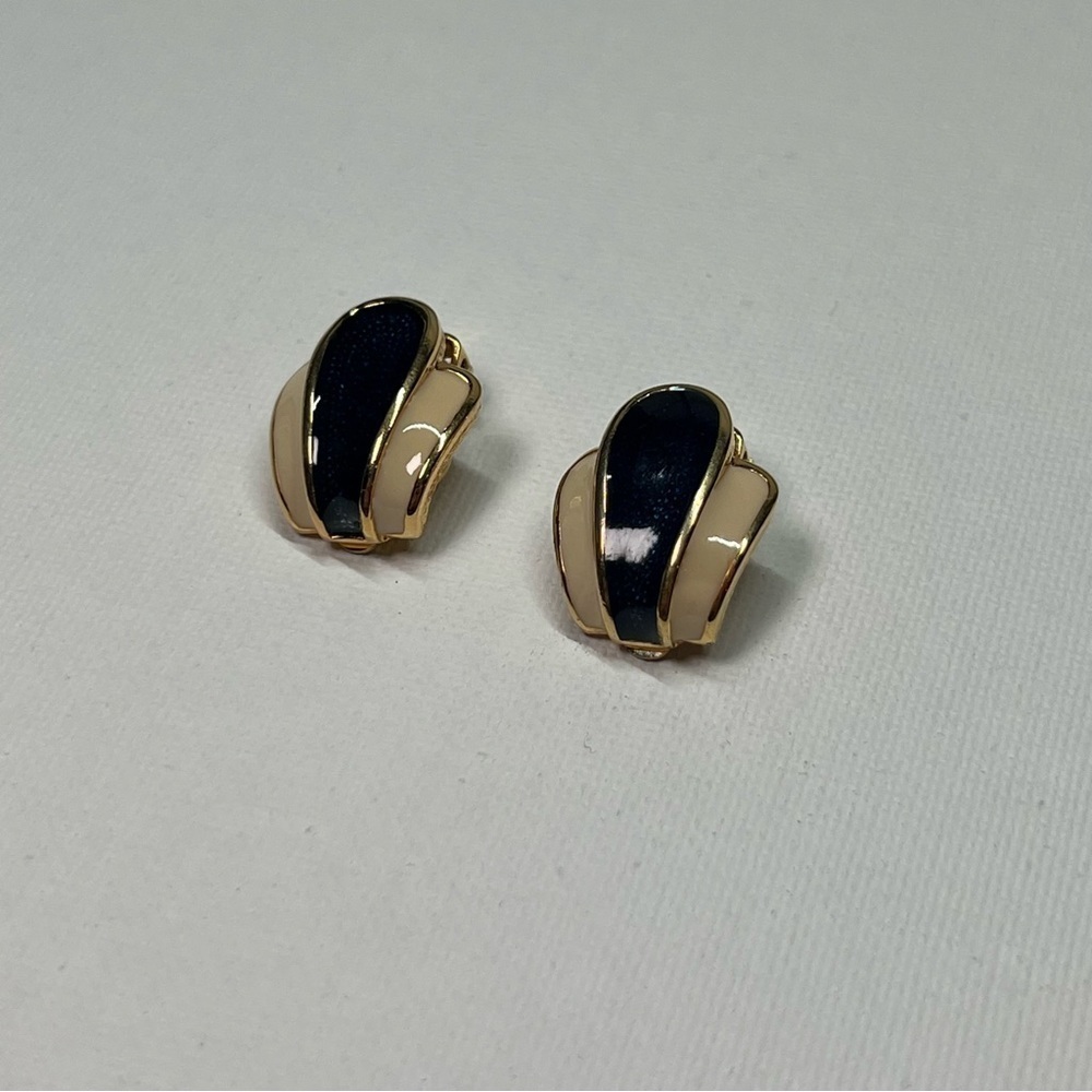 Vintage D'Orlan Signed Gold Tone and Blue/White Enamel Clip On Earrings